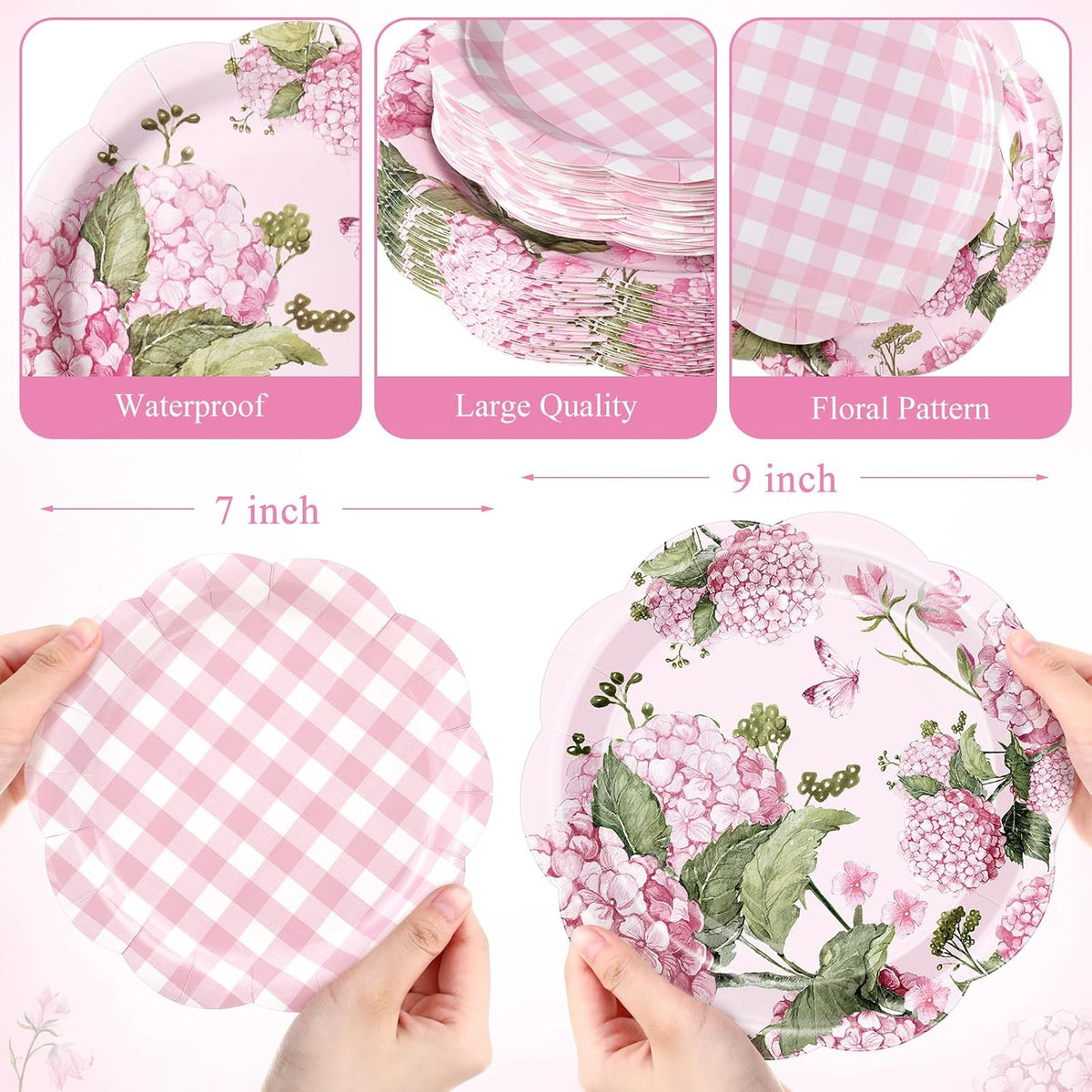 100 Pack Hydrangea Paper Plates 9" & 7" Disposable Checkered Dessert Plate Pink Floral Plaid Dinner Tableware for Wedding Birthday Baby Shower Garden Spring Tea Party Decoration and Supplies