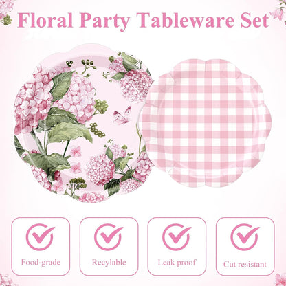 100 Pack Hydrangea Paper Plates 9" & 7" Disposable Checkered Dessert Plate Pink Floral Plaid Dinner Tableware for Wedding Birthday Baby Shower Garden Spring Tea Party Decoration and Supplies