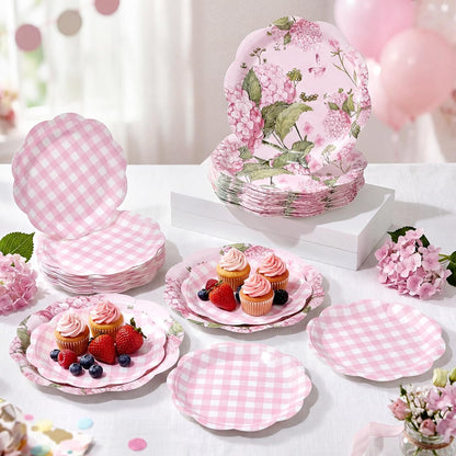 100 Pack Hydrangea Paper Plates 9" & 7" Disposable Checkered Dessert Plate Pink Floral Plaid Dinner Tableware for Wedding Birthday Baby Shower Garden Spring Tea Party Decoration and Supplies