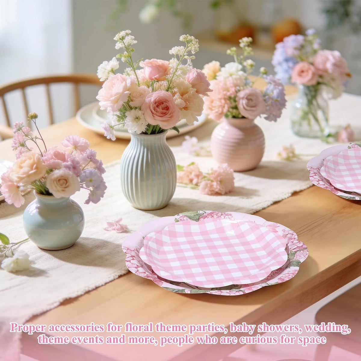 100 Pack Hydrangea Paper Plates 9" & 7" Disposable Checkered Dessert Plate Pink Floral Plaid Dinner Tableware for Wedding Birthday Baby Shower Garden Spring Tea Party Decoration and Supplies