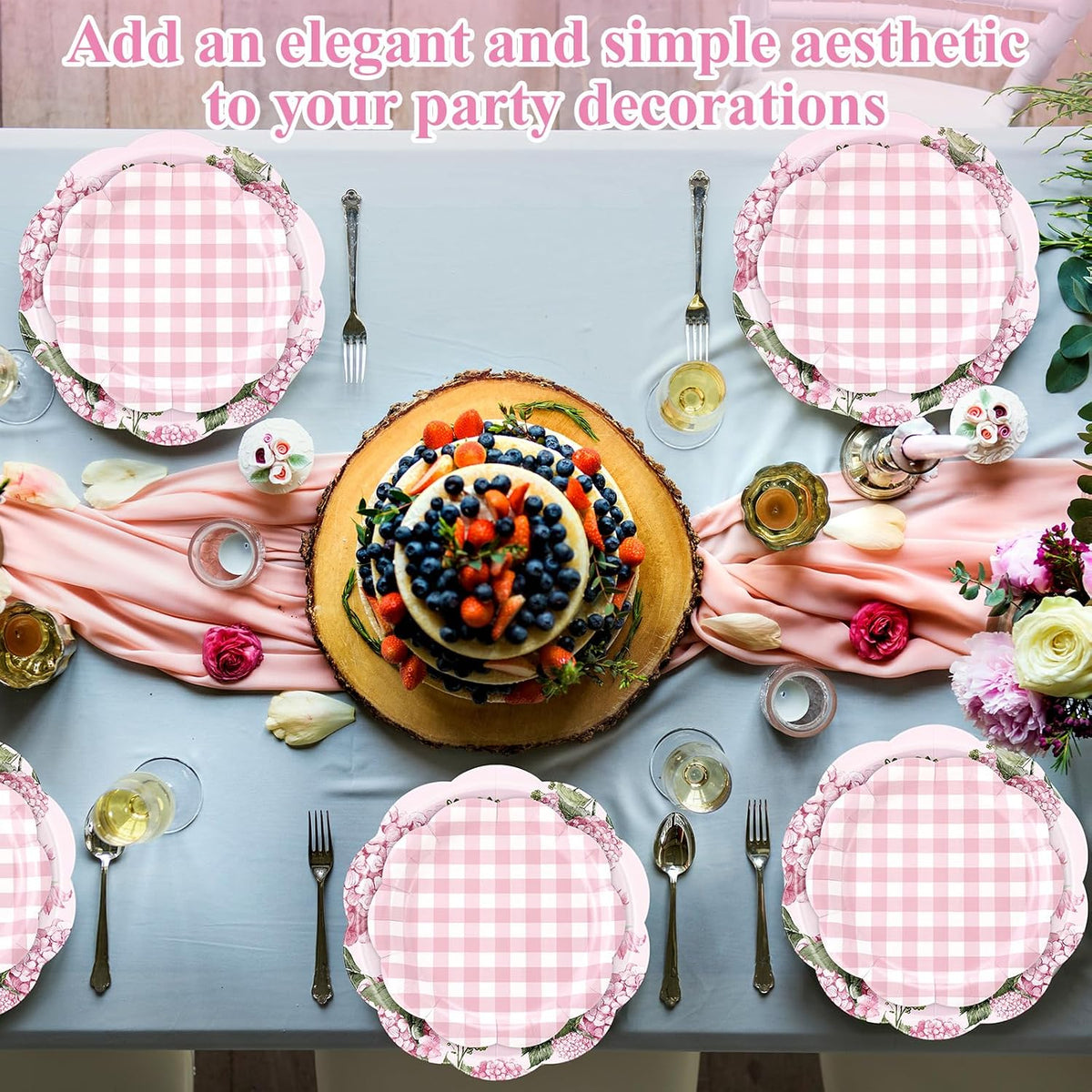 100 Pack Hydrangea Paper Plates 9" & 7" Disposable Checkered Dessert Plate Pink Floral Plaid Dinner Tableware for Wedding Birthday Baby Shower Garden Spring Tea Party Decoration and Supplies