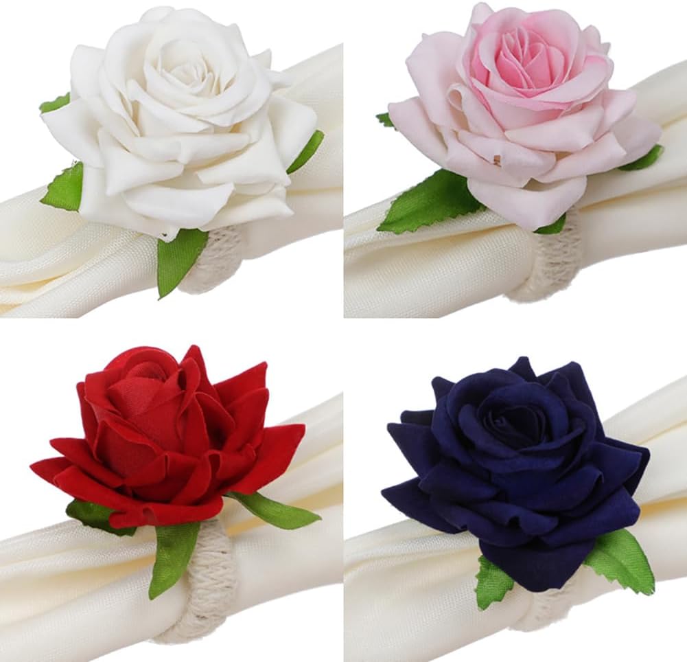 8Pcs Pink Rose Wedding Napkin Rings,Artificial Flower Napkin Holder