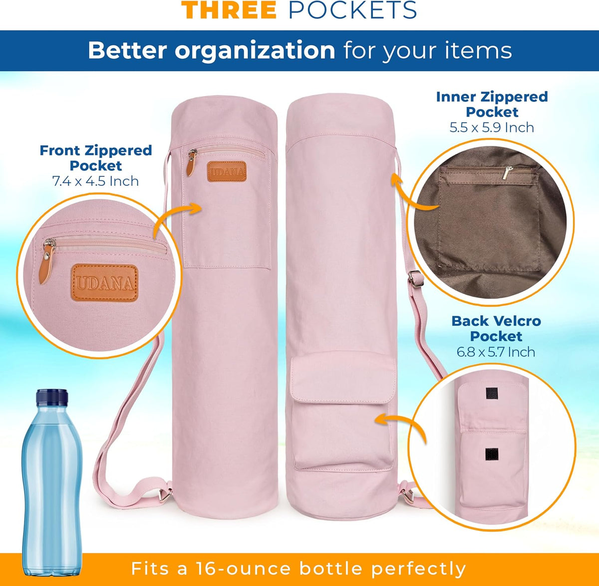 UDANA Canvas Yoga Mat Bag for Women & Men, Full-Zip Carrier with 3 Pockets & Adjustable Strap, Stylish Gym & Pilates Bag – Available in Multiple Sizes