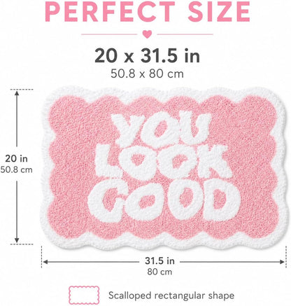 Scalloped Pink Bath Rug, You Look Good Cute Bathroom Rug, Soft Absorbent Quick Dry Bath Mat, TPR Non Slip Backing, Microfiber Mat for Shower Tub Sink Vanity 20" x 31.5"