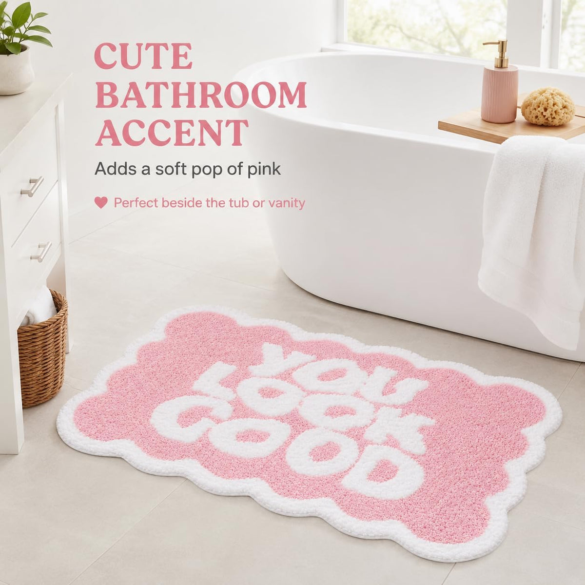 Scalloped Pink Bath Rug, You Look Good Cute Bathroom Rug, Soft Absorbent Quick Dry Bath Mat, TPR Non Slip Backing, Microfiber Mat for Shower Tub Sink Vanity 20" x 31.5"