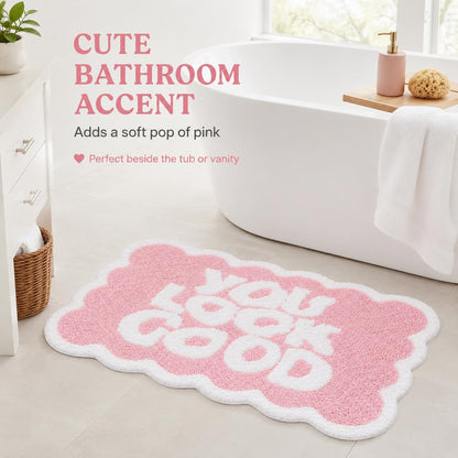 Scalloped Pink Bath Rug, You Look Good Cute Bathroom Rug, Soft Absorbent Quick Dry Bath Mat, TPR Non Slip Backing, Microfiber Mat for Shower Tub Sink Vanity 20" x 31.5"