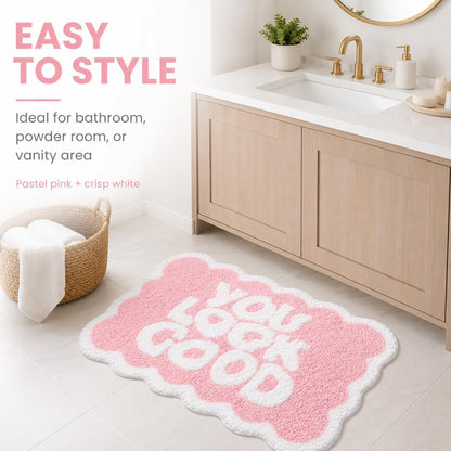Scalloped Pink Bath Rug, You Look Good Cute Bathroom Rug, Soft Absorbent Quick Dry Bath Mat, TPR Non Slip Backing, Microfiber Mat for Shower Tub Sink Vanity 20" x 31.5"