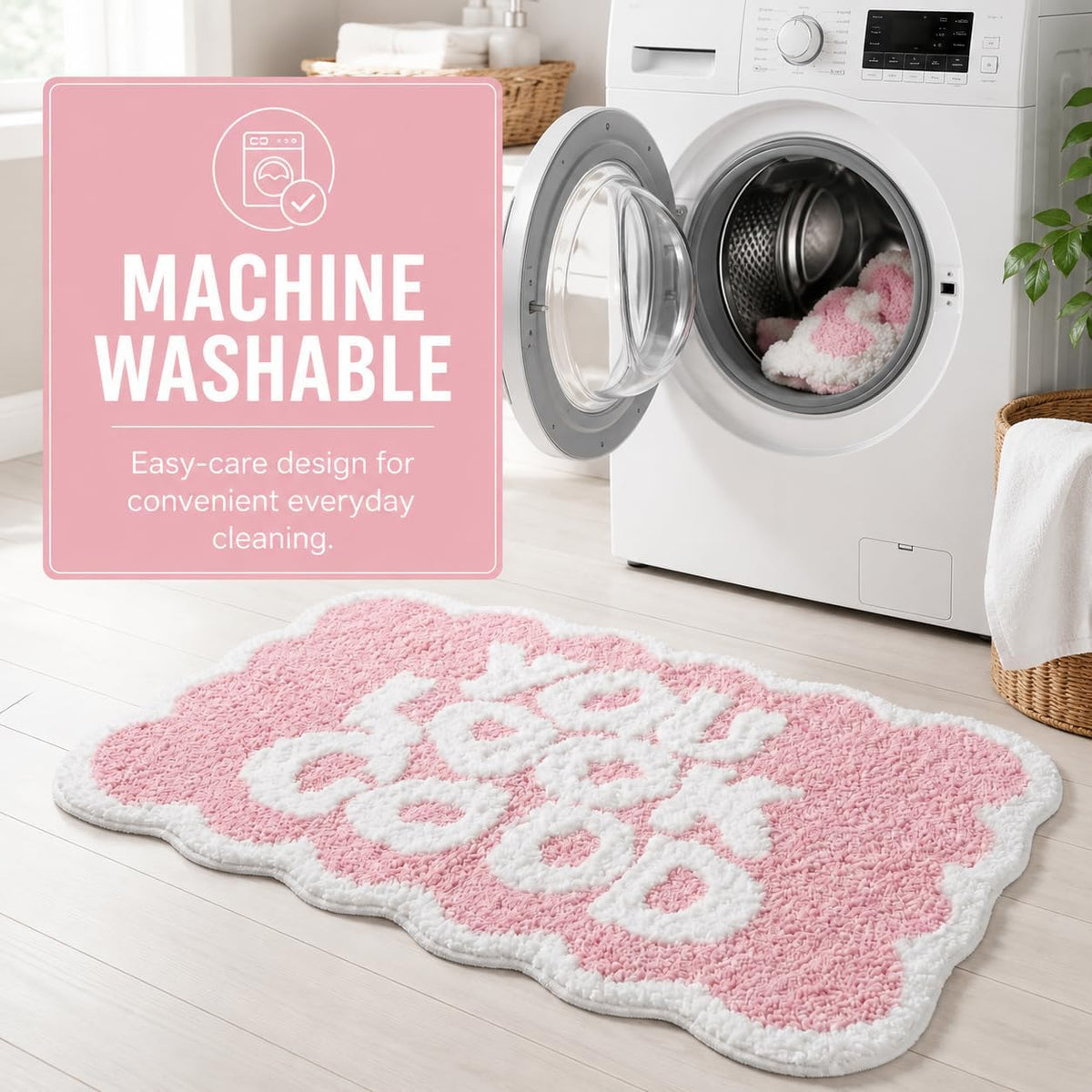 Scalloped Pink Bath Rug, You Look Good Cute Bathroom Rug, Soft Absorbent Quick Dry Bath Mat, TPR Non Slip Backing, Microfiber Mat for Shower Tub Sink Vanity 20" x 31.5"