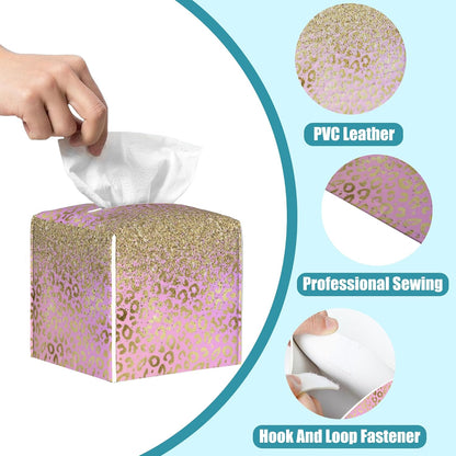 Pink Golden Leopard Tissue Box Cover Square,Gold Glitter Leather Tissue Holder,Waterproof Leather Facial Paper Organizer Tissue Box Cover for Home Office Bathroom Vanity Countertop,5.2" x 5.2" x 5.2"