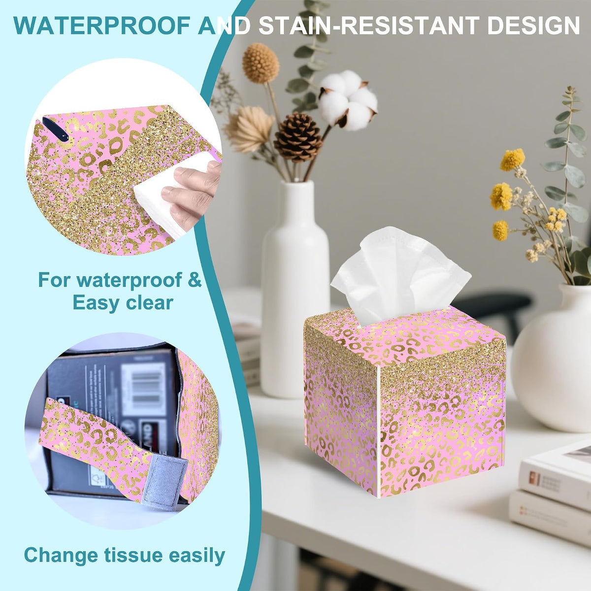 Pink Golden Leopard Tissue Box Cover Square,Gold Glitter Leather Tissue Holder,Waterproof Leather Facial Paper Organizer Tissue Box Cover for Home Office Bathroom Vanity Countertop,5.2" x 5.2" x 5.2"