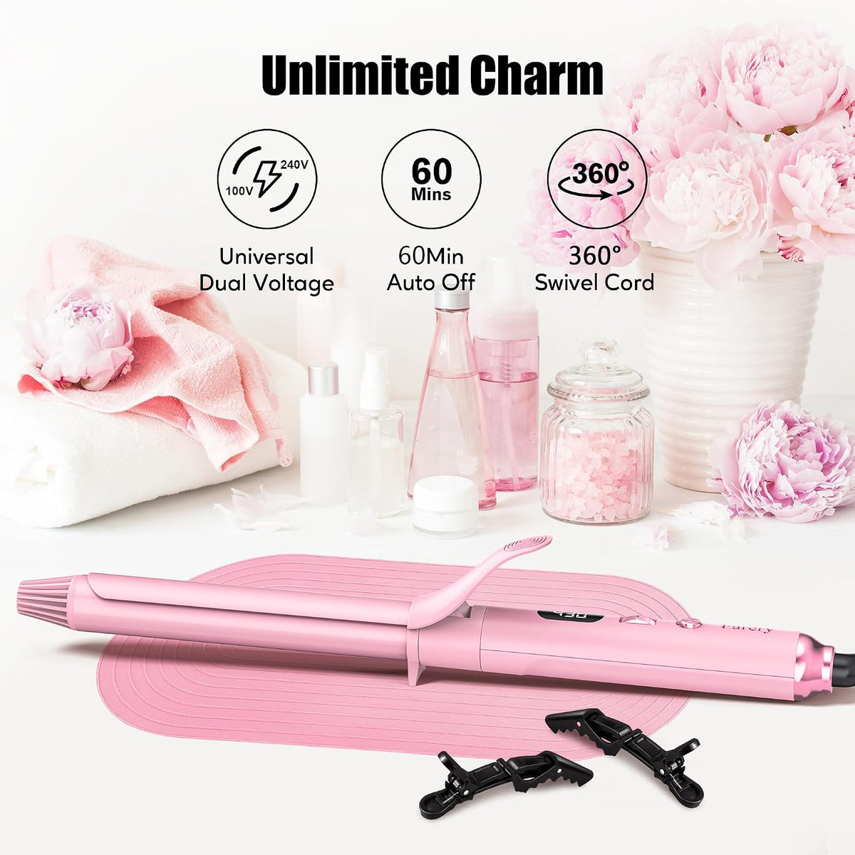 Long Barrel Curling Iron 1 Inch, Extra Long Curling Iron for Thin Hair, Infused Argan Oil & Keratin, 11 Adjustable Temp, Include Clips & Silicone Pad, Pink