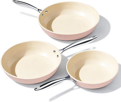 Nonstick Ceramic Frying Pan Set, Healthy Ceramic Pan for Cooking with Stainless Steel Handle, Non-Toxic, PFAS/PTFE/PFOA-Free, Induction Compatible, Dishwasher & Oven Safe, 8"/9.5"/11", Pink