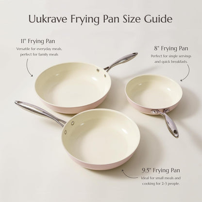 Nonstick Ceramic Frying Pan Set, Healthy Ceramic Pan for Cooking with Stainless Steel Handle, Non-Toxic, PFAS/PTFE/PFOA-Free, Induction Compatible, Dishwasher & Oven Safe, 8"/9.5"/11", Pink