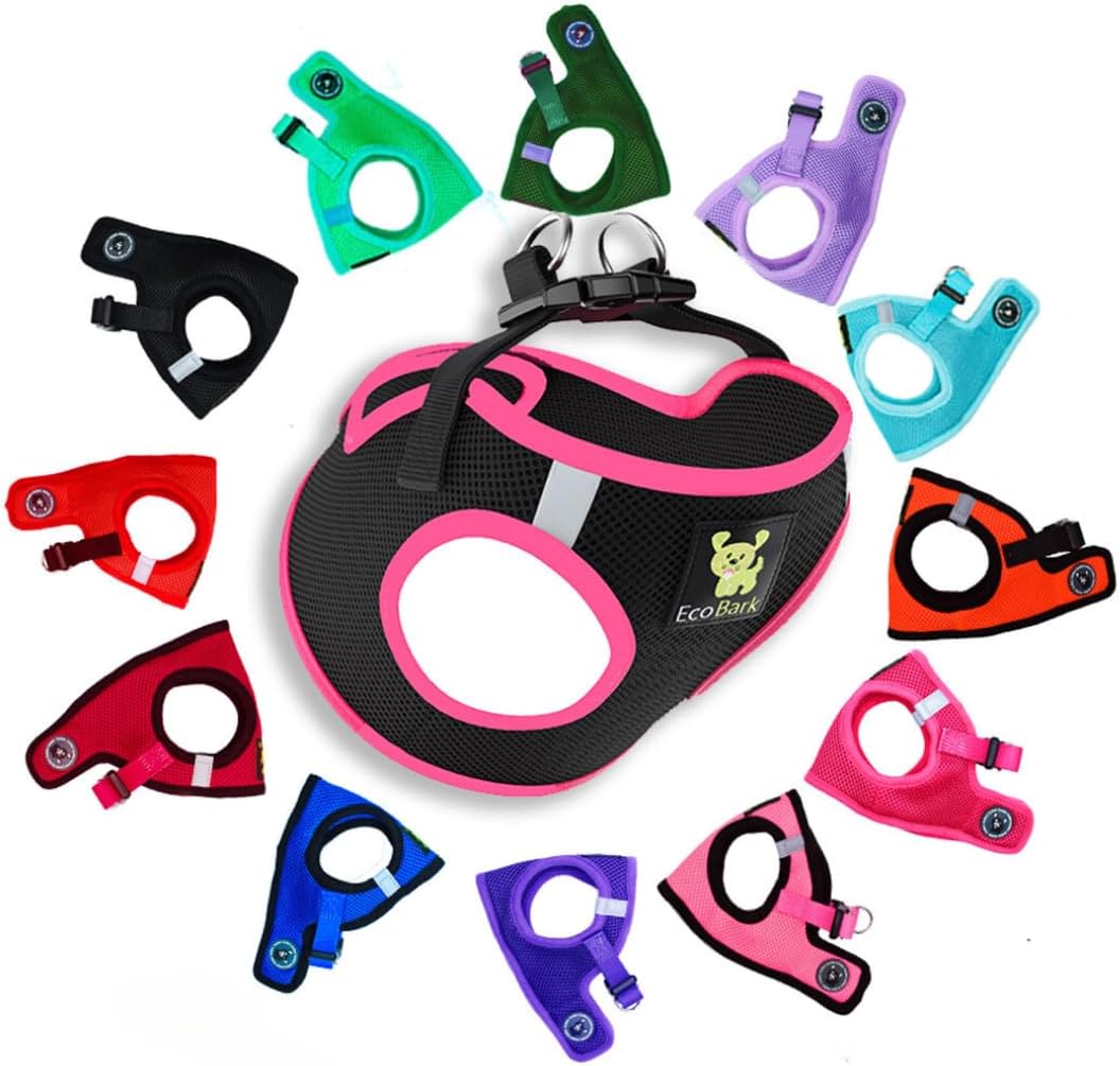 Step in Dog Harness - Eco-Friendly Teacup Dog Harnesses for XXS, XS, and Small Dogs - Reflective and Adjustable Mini Body Halter Vest -Tiny Soft Mesh Toy Breed Harness (XXXS, Black and Pink)