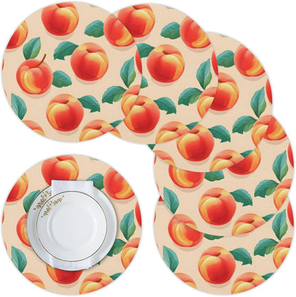 Pink Peach Fruit Round Vinyl Placemats Set of 6 Non Slip PVC Place Mat, Easy to Clean Washable Kitchen Party Dining Table Mats