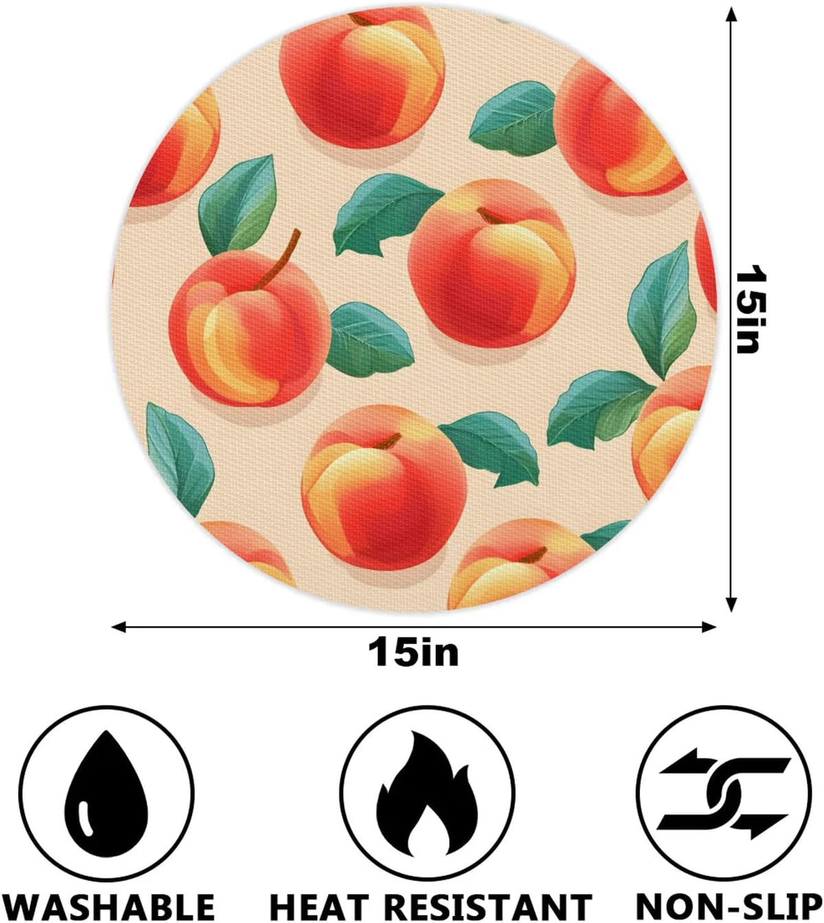 Pink Peach Fruit Round Vinyl Placemats Set of 6 Non Slip PVC Place Mat, Easy to Clean Washable Kitchen Party Dining Table Mats