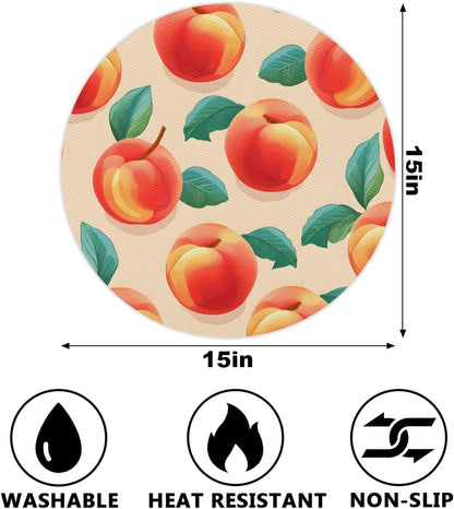 Pink Peach Fruit Round Vinyl Placemats Set of 6 Non Slip PVC Place Mat, Easy to Clean Washable Kitchen Party Dining Table Mats