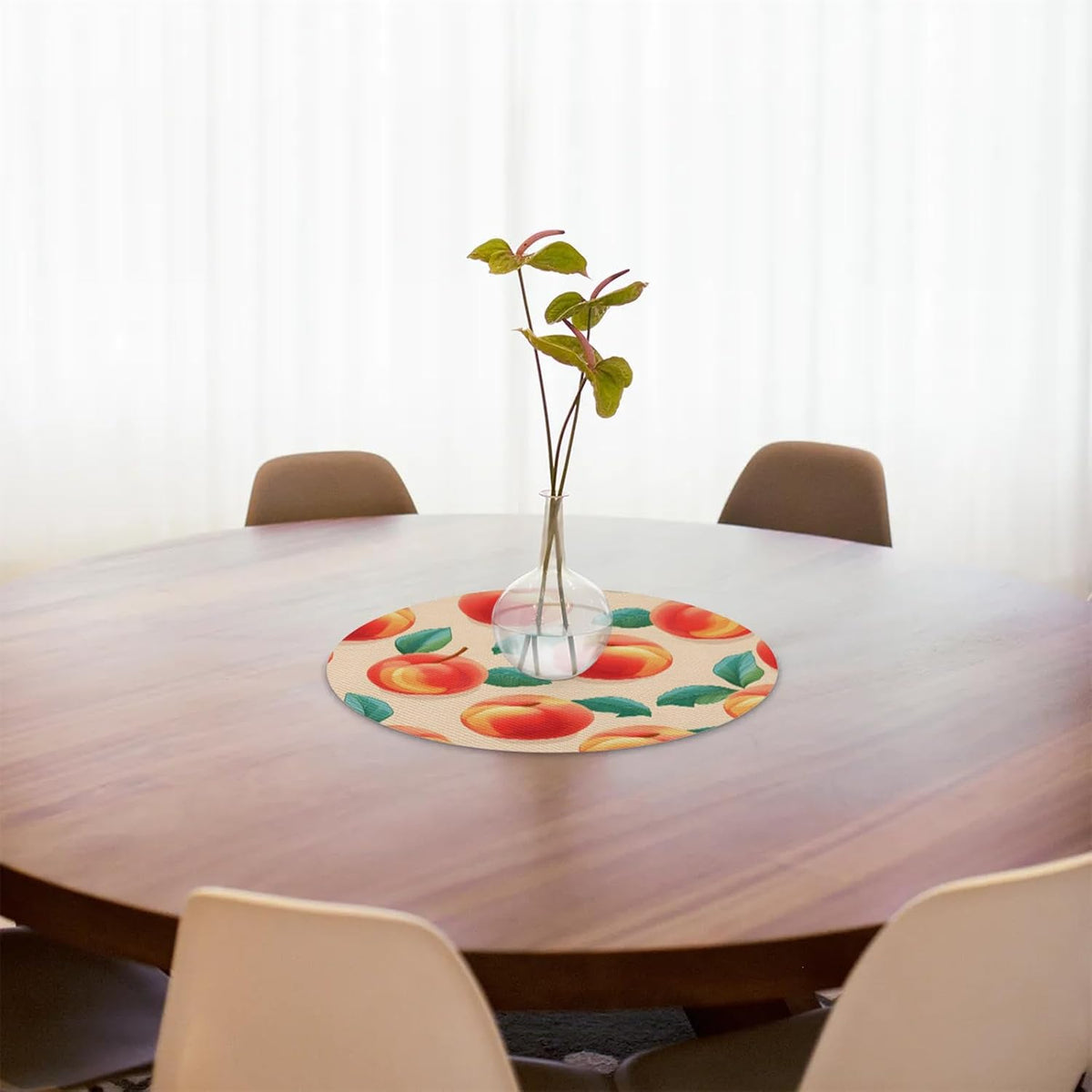 Pink Peach Fruit Round Vinyl Placemats Set of 6 Non Slip PVC Place Mat, Easy to Clean Washable Kitchen Party Dining Table Mats