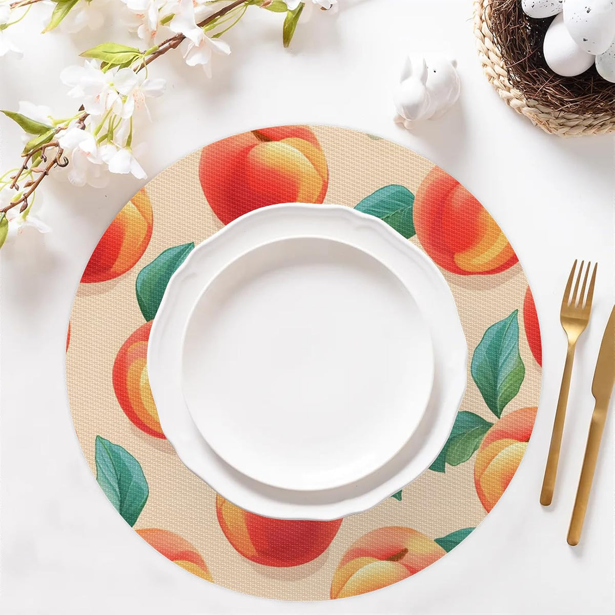 Pink Peach Fruit Round Vinyl Placemats Set of 6 Non Slip PVC Place Mat, Easy to Clean Washable Kitchen Party Dining Table Mats
