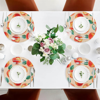 Pink Peach Fruit Round Vinyl Placemats Set of 6 Non Slip PVC Place Mat, Easy to Clean Washable Kitchen Party Dining Table Mats