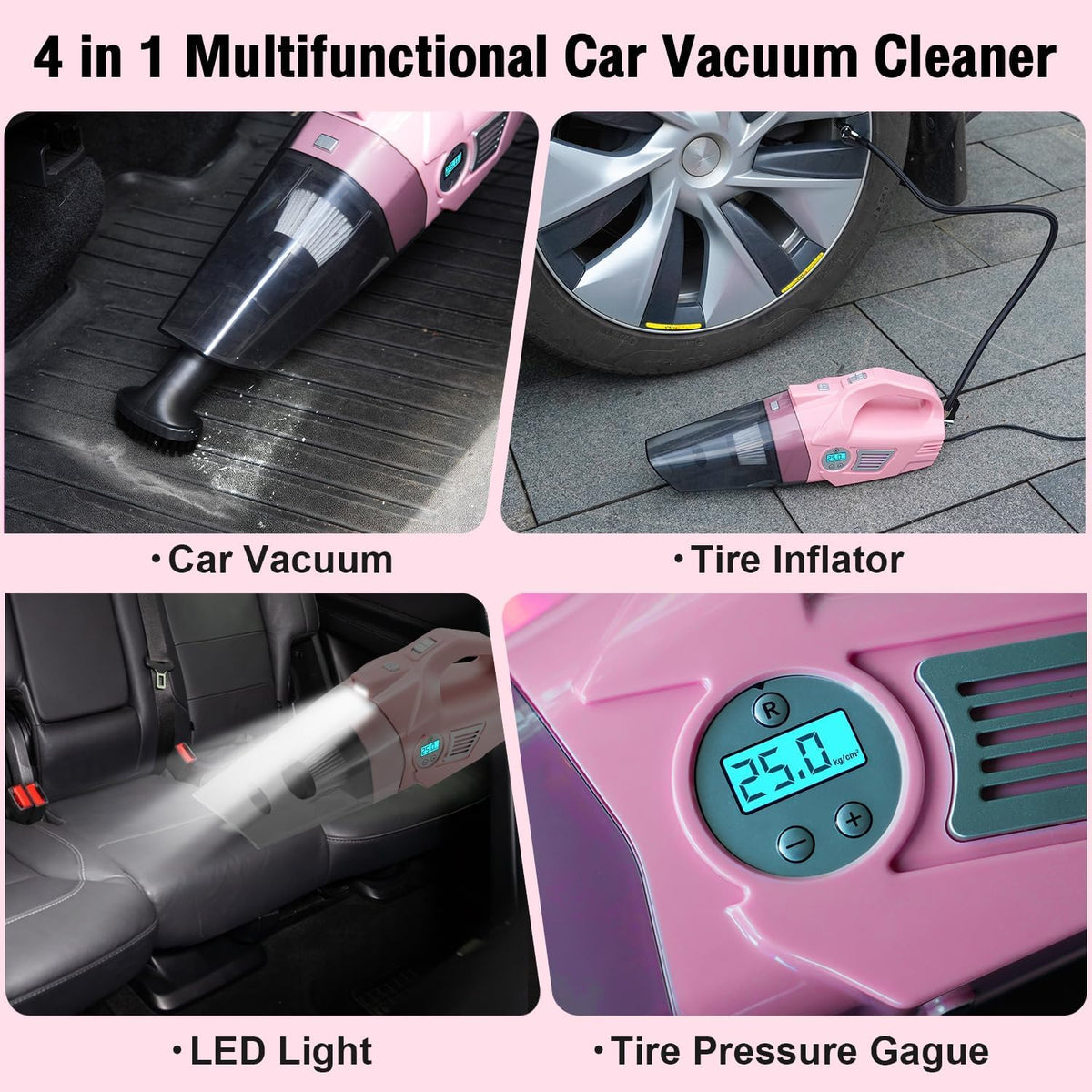 Pink Car Cleaning Kit, 25Pcs Detailing Kit Interior with 4-in-1 Power Handheld Vacuum Cleaner, Detailing Brush Set, 2-in-1 Windshield Cleaner Tool, Car Accessories for Cleaning, Gift for Women
