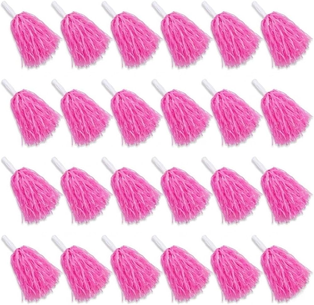 24 Pcs Pink Cheerleading Pom Poms - School Spirit Shakers Metallic Foil Cheering Pompoms Cheer Pom with Baton Handle Plastic Squad for Adults Team Spirit Sports Party Cheering (24, Pink)