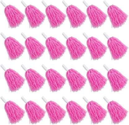 24 Pcs Pink Cheerleading Pom Poms - School Spirit Shakers Metallic Foil Cheering Pompoms Cheer Pom with Baton Handle Plastic Squad for Adults Team Spirit Sports Party Cheering (24, Pink)