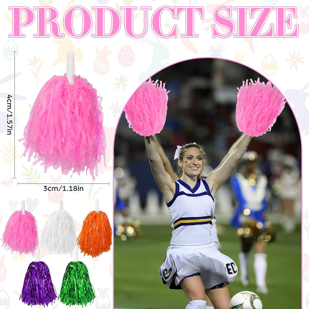 24 Pcs Pink Cheerleading Pom Poms - School Spirit Shakers Metallic Foil Cheering Pompoms Cheer Pom with Baton Handle Plastic Squad for Adults Team Spirit Sports Party Cheering (24, Pink)