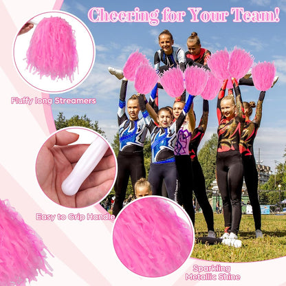 24 Pcs Pink Cheerleading Pom Poms - School Spirit Shakers Metallic Foil Cheering Pompoms Cheer Pom with Baton Handle Plastic Squad for Adults Team Spirit Sports Party Cheering (24, Pink)