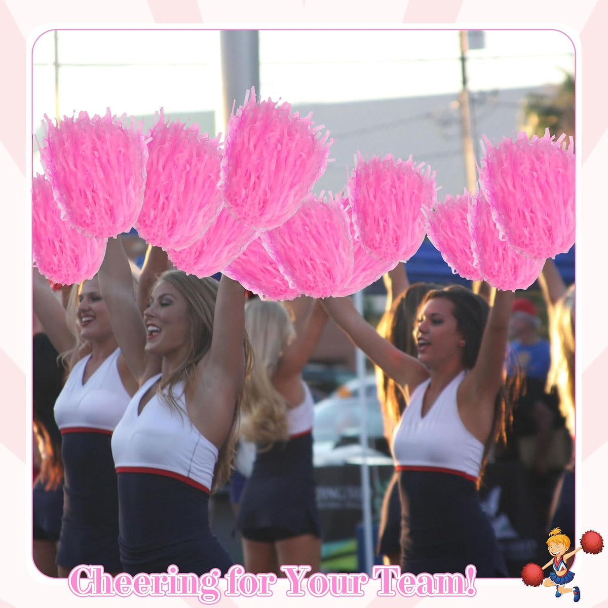 24 Pcs Pink Cheerleading Pom Poms - School Spirit Shakers Metallic Foil Cheering Pompoms Cheer Pom with Baton Handle Plastic Squad for Adults Team Spirit Sports Party Cheering (24, Pink)