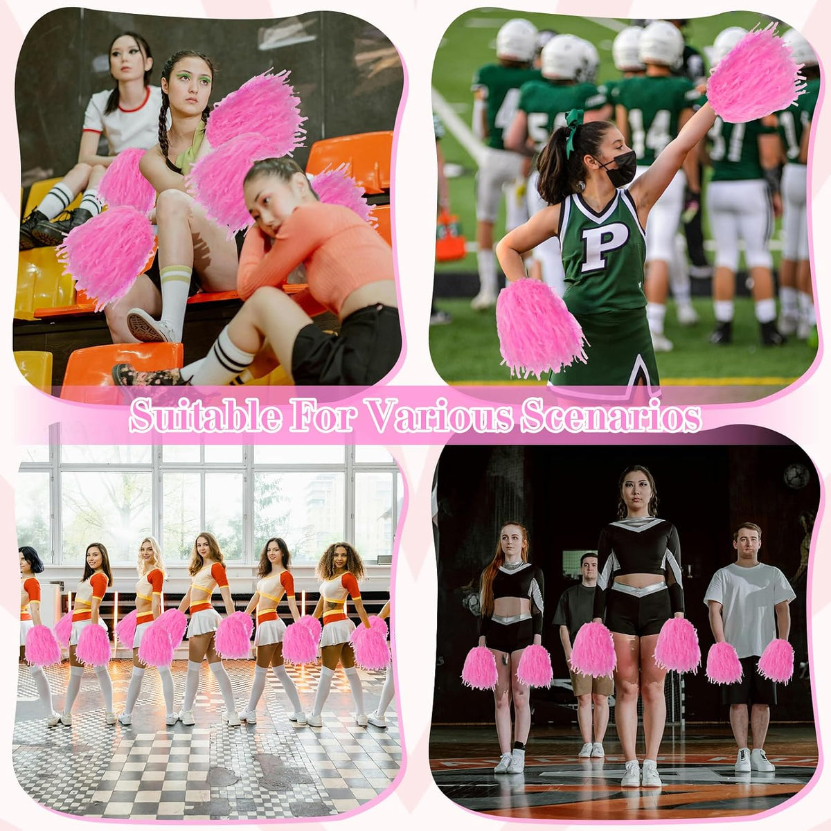 24 Pcs Pink Cheerleading Pom Poms - School Spirit Shakers Metallic Foil Cheering Pompoms Cheer Pom with Baton Handle Plastic Squad for Adults Team Spirit Sports Party Cheering (24, Pink)