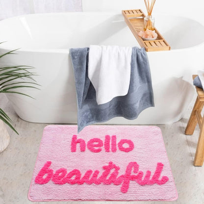 Hello Beautiful Bath Mat Light Pink Blush Peach Coral Cute Bathroom Rugs for Girls You Look Good Gorgeous Funny Shower Fun Bathroom Decor Non-Slip Washable Kids Women