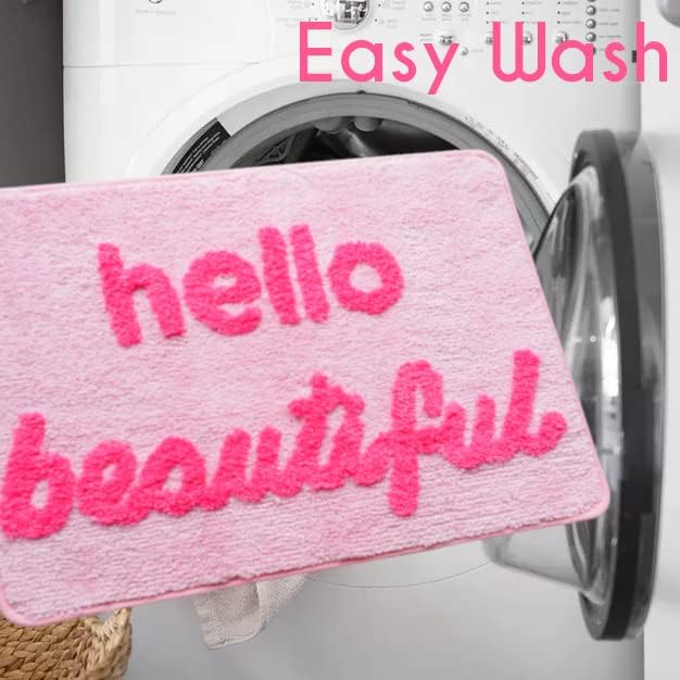Hello Beautiful Bath Mat Light Pink Blush Peach Coral Cute Bathroom Rugs for Girls You Look Good Gorgeous Funny Shower Fun Bathroom Decor Non-Slip Washable Kids Women