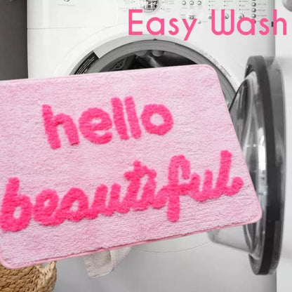 Hello Beautiful Bath Mat Light Pink Blush Peach Coral Cute Bathroom Rugs for Girls You Look Good Gorgeous Funny Shower Fun Bathroom Decor Non-Slip Washable Kids Women