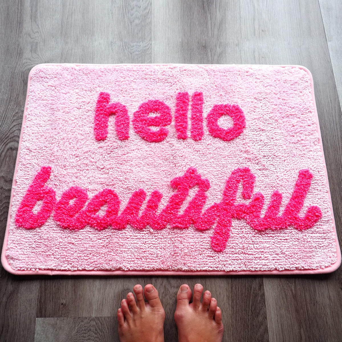 Hello Beautiful Bath Mat Light Pink Blush Peach Coral Cute Bathroom Rugs for Girls You Look Good Gorgeous Funny Shower Fun Bathroom Decor Non-Slip Washable Kids Women