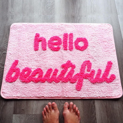 Hello Beautiful Bath Mat Light Pink Blush Peach Coral Cute Bathroom Rugs for Girls You Look Good Gorgeous Funny Shower Fun Bathroom Decor Non-Slip Washable Kids Women