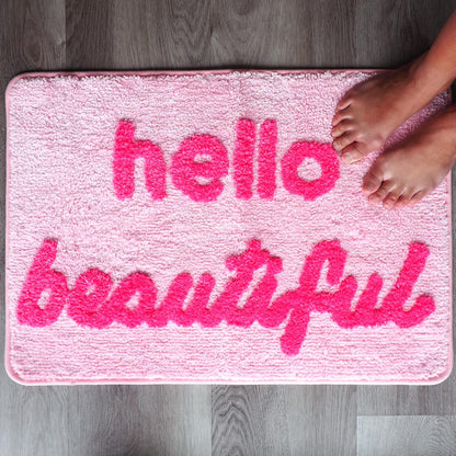 Hello Beautiful Bath Mat Light Pink Blush Peach Coral Cute Bathroom Rugs for Girls You Look Good Gorgeous Funny Shower Fun Bathroom Decor Non-Slip Washable Kids Women