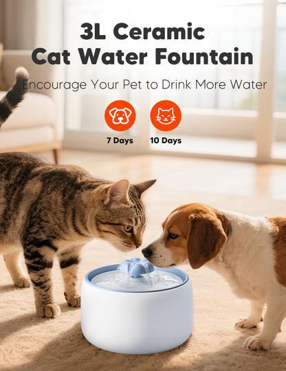 WOPET Premium Ceramic Cat Water Fountain W03 Lite，3L/101oz Automatic Pet Water Fountain for Cats & Dogs, Dishwasher Safe，Luxury Cat Fountain with Ultra-Quiet Pump and Filter & Sponge