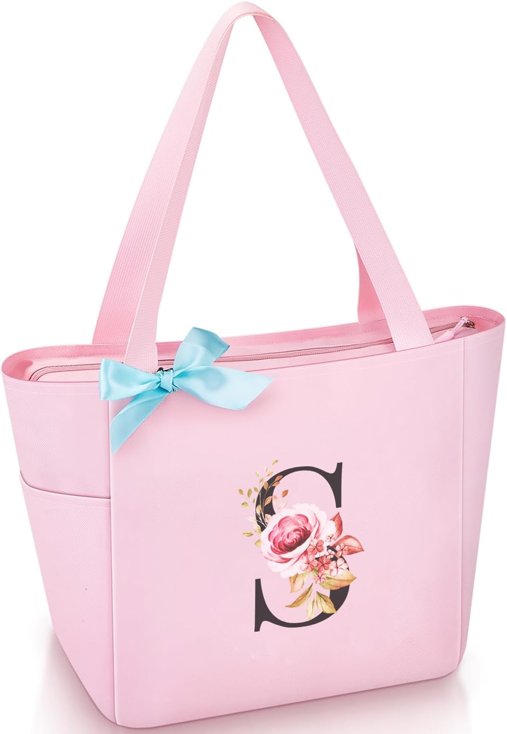 Tote Bag, A-Z Initial Monogrammed Waterproof Tote Bag, Bridesmaid Gifts for Women, Black and Pink