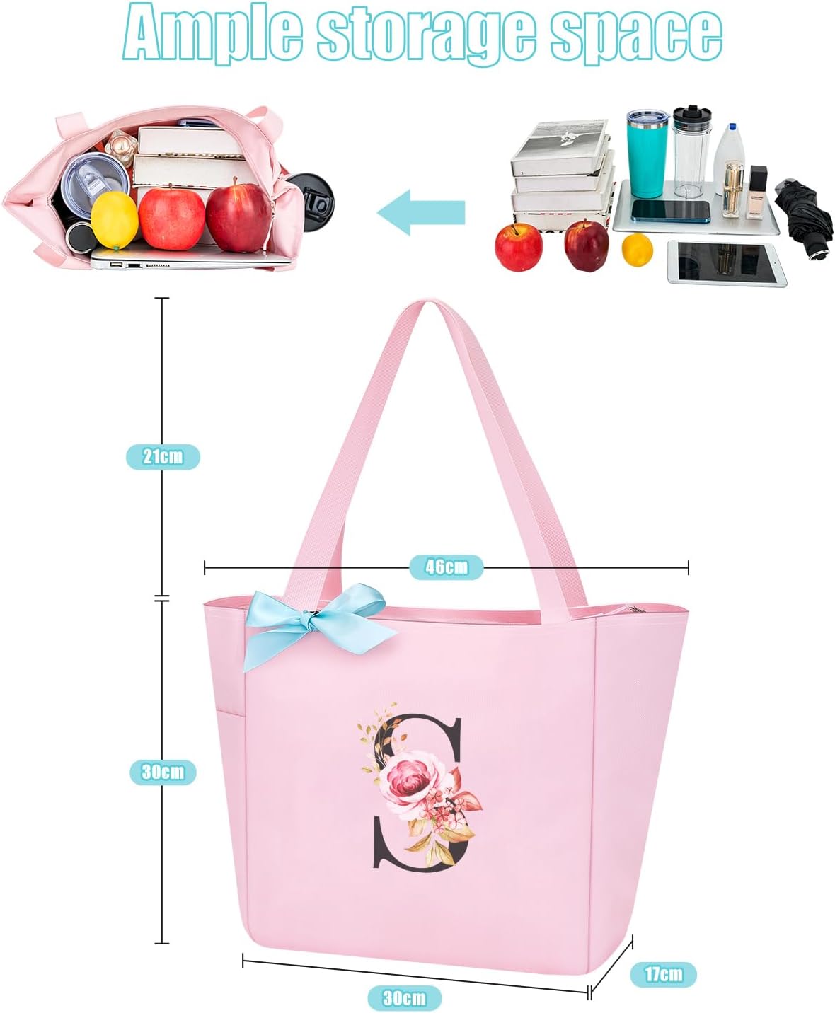 Tote Bag, A-Z Initial Monogrammed Waterproof Tote Bag, Bridesmaid Gifts for Women, Black and Pink