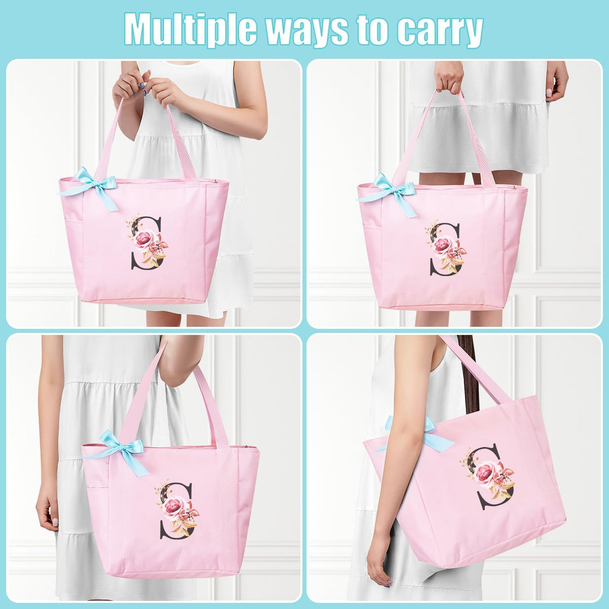 Tote Bag, A-Z Initial Monogrammed Waterproof Tote Bag, Bridesmaid Gifts for Women, Black and Pink