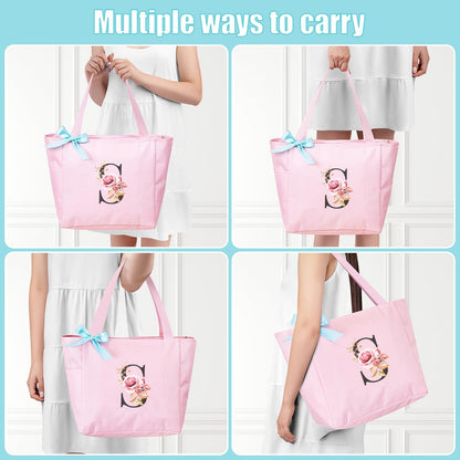 Tote Bag, A-Z Initial Monogrammed Waterproof Tote Bag, Bridesmaid Gifts for Women, Black and Pink
