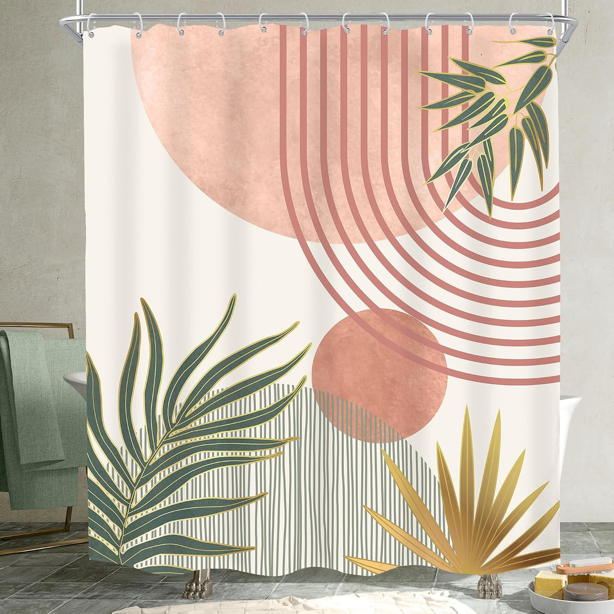 Mid Century Pink Green Boho Abstract Modern Bathroom Shower Curtain Set