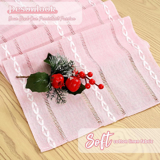 Cotton Linen Table Runner,Pink Boho Rustic Farmhouse Embroidered Hollow 13x72 Inch Table Runners Kitchen Dining Dresser Scarf Table Decoratio for Living Room,Wedding,Party
