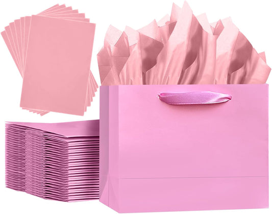 5PCS Pink Gift Bags with Ribbon Handles 9.6"x7.9"x4.3" Medium Size Gift Bags (Tissue Paper included, Medium Wide)