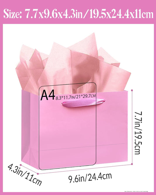 5PCS Pink Gift Bags with Ribbon Handles 9.6"x7.9"x4.3" Medium Size Gift Bags (Tissue Paper included, Medium Wide)