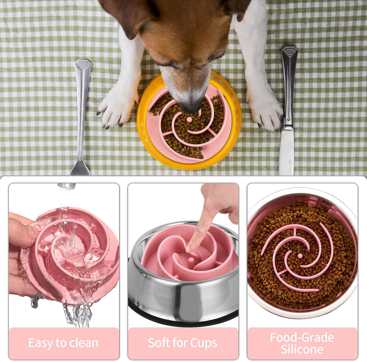 Slow Feeder Dog Bowls Insert, Soft Silicone Slow Eating Feeder Insert with Suction Cups for Small, Medium and Large Dogs, Fit into Basic and Elevated Dog Bowls, Pink
