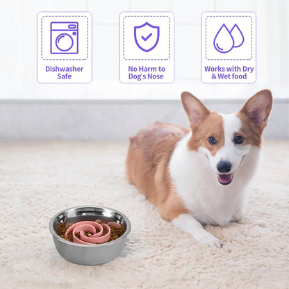 Slow Feeder Dog Bowls Insert, Soft Silicone Slow Eating Feeder Insert with Suction Cups for Small, Medium and Large Dogs, Fit into Basic and Elevated Dog Bowls, Pink
