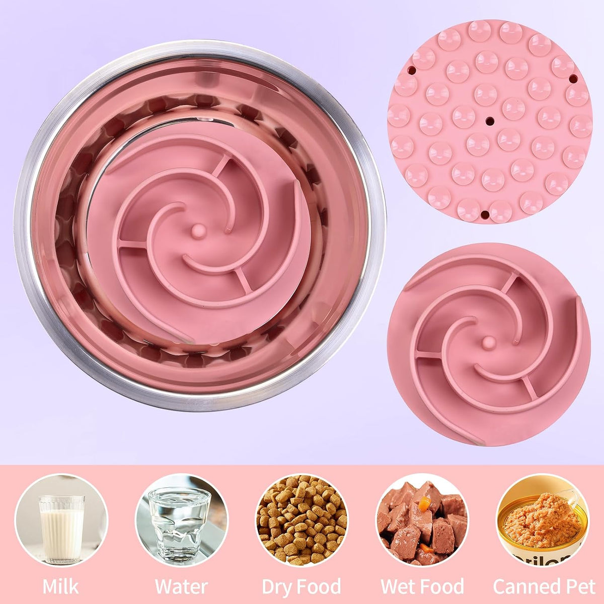 Slow Feeder Dog Bowls Insert, Soft Silicone Slow Eating Feeder Insert with Suction Cups for Small, Medium and Large Dogs, Fit into Basic and Elevated Dog Bowls, Pink
