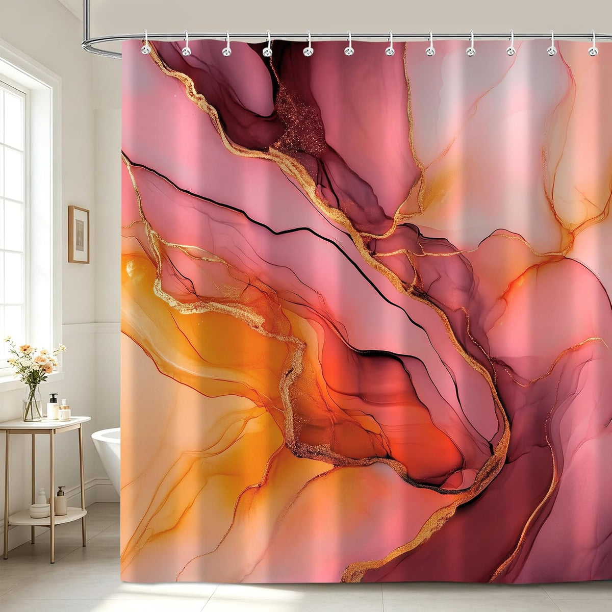 Pink Gold Marble Shower Curtains, Orange Grey Abstract Marble Shower Curtain, Modern Fabric Bath Curtain for Bathroom Decor Waterproof Cloth with Hooks 72X72 Inch